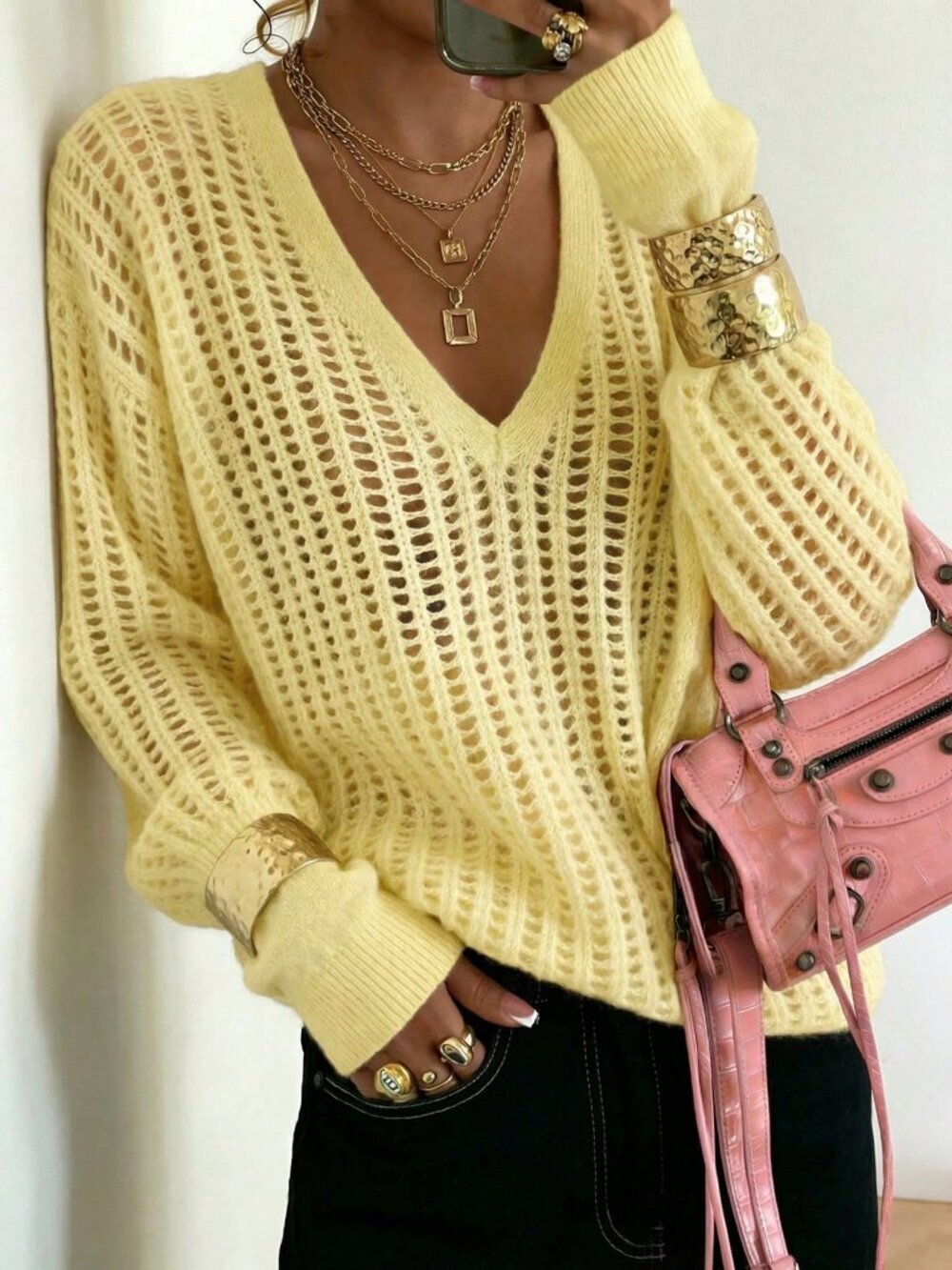 Yellow Y2K Casual Women's Hollow V-Neck Knit Sweater Top - Picture 4 of 7